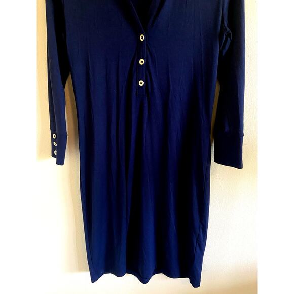 Lilly Pulitzer Navy Blue Gold Tone Button Collared Jersey Knit Dress Womens XS - Picture 13 of 16